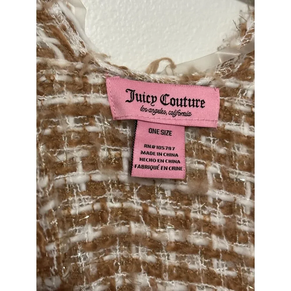 Juicy Couture Tweed Poncho Wrap Fringe Boho Cozy Neutral OS Luxe Casual Chic - Picture 2 of 7